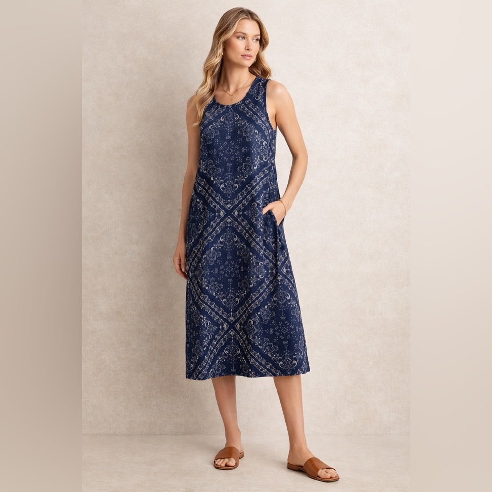 Polo Ralph Lauren Navy Bandana Print Midi Dress Cotton  Preppy Western L